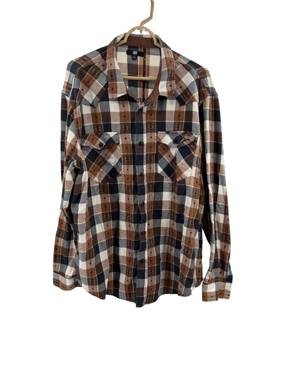 FRYE Plaid Button-Up in Brown, Black & Cream cotton long sleeve XXL casual work